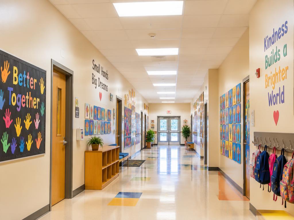 An empty elementary school hallway with lockers and a globe, brightened by new LED lighting